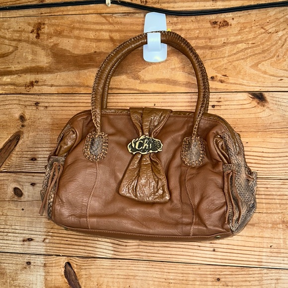 CHI BY CARLOS FALCHI LAMB SKIN LEATHER SNAKE SKIN SATCHEL - Picture 1 of 12